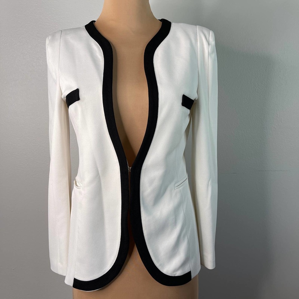 White Black Tipped Blazer Small Collarless Open Jacket Classic Preppy Scalloped